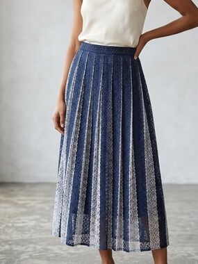 miami Navy and White Pleated Lace Midi‎ Skirt